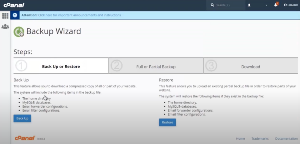 Backup Wizard in Cpanel